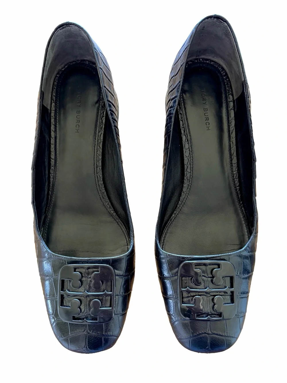 Tory Burch Georgia Black Croc Embossed Leather Block Heel Pumps 9.5